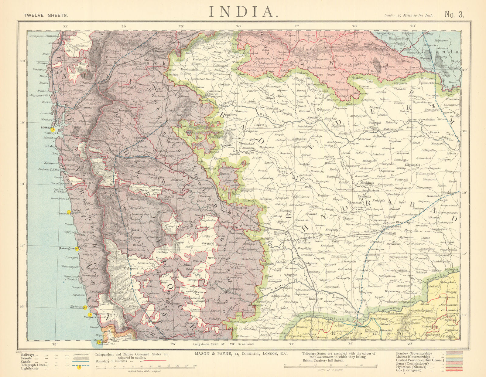 WESTERN BRITISH INDIA Maharashtra Bombay Mumbai Pune Goa Railways LETTS 1892 map